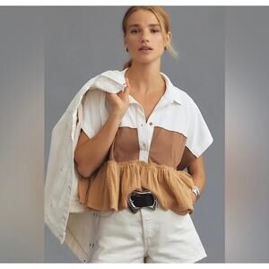 Pilcro Size Small Bonfire Rugby Top Shirt White Brown Colorblock Cotton Ruffled